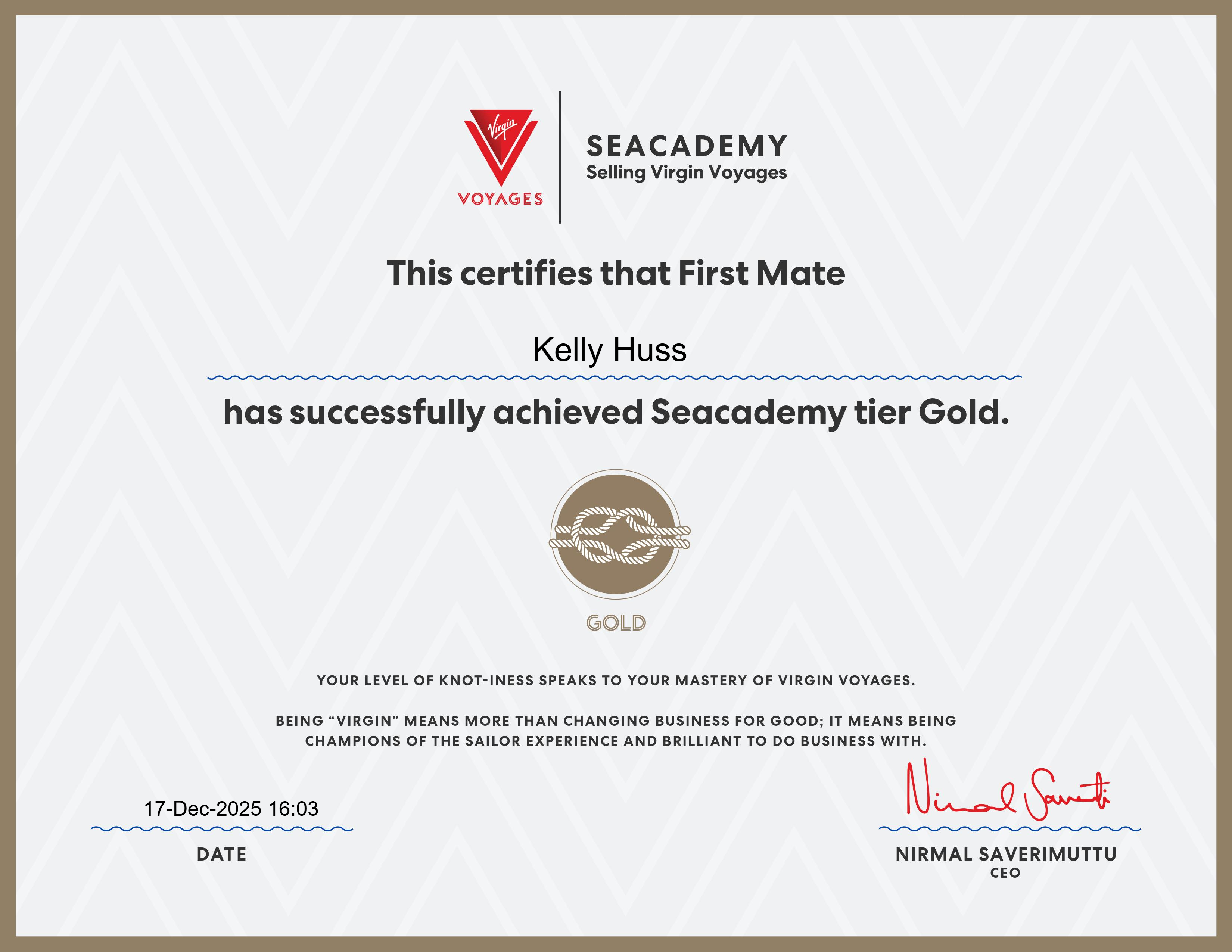 Virgin Voyages Seacademy — Gold Tier certificate